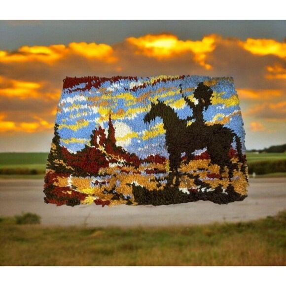 Hooked Rug Cowgirl Vintage Folk Art Western Girl Riding Horse 26.5x19 Equestrian